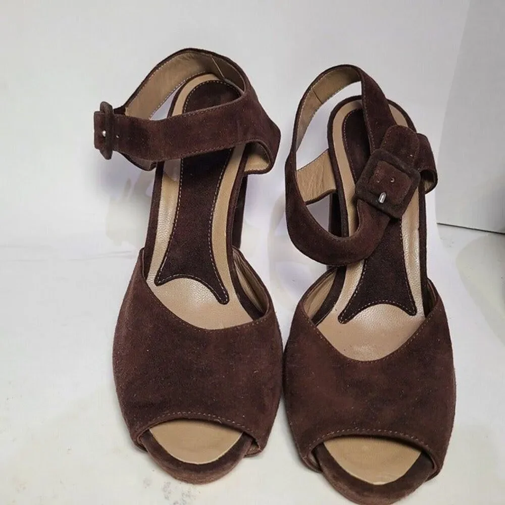 MARNI sandals brown suede leather ankle strap chunky heels peep toe 6.5 7 37.5